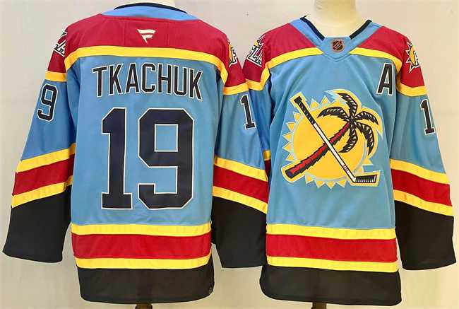 Mens Florida Panthers #19 Matthew Tkachuk Blue 2024-25 Reverse Retro With A Patch Stitched Hockey Jersey